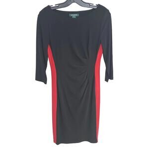 Lauren Ralph Lauren Women's Black and Red Ruched 3/4 Sleeve Dress - Size 6